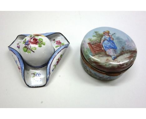 A novelty enamel snuff box, late 19th century, in the form of a hat with up-turned brims, painted with flowers, crest and arm