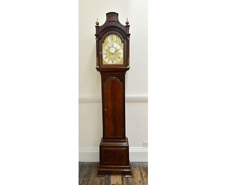 Allam & Clements London:  a George III mahogany boxwood strung longcase clock, the arched hood with brass mounted stop fluted