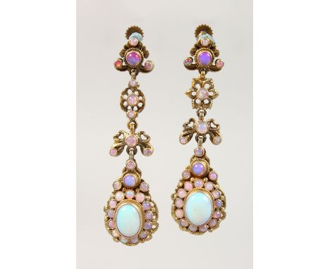 A GOOD PAIR OF VICTORIAN OPAL SET DROP EARRINGS. Provenance: BIGGS, FARNHAM.