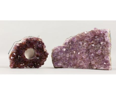 TWO AMETHYST CRYSTAL FRAGMENTS. 9ins wide and smaller.
