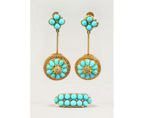 A VICTORIAN GOLD DOUBLE-ROW TURQUOISE RING and A PAIR OF DROP EARRINGS.