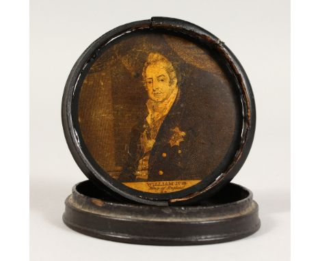 A WILLIAM IV CIRCULAR PAPIER MACHE SNUFF BOX.