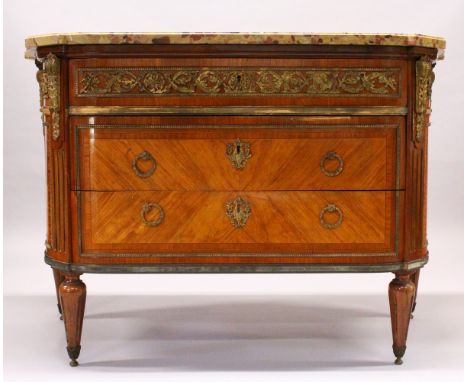 A GOOD 19TH CENTURY FRENCH KINGWOOD, MARBLE AND ORMOLU MOUNTED COMMODE, of serpentine outline, variegated marble top over a f