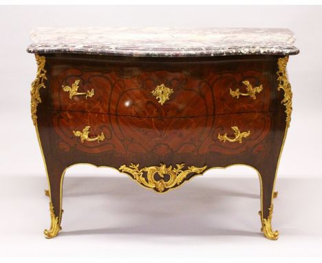 A GOOD 19TH CENTURY FRENCH MAHOGANY, MARBLE AND ORMOLU MOUNTED MARQUETRY INLAID BOMBE COMMODE, with a marble top over two dra