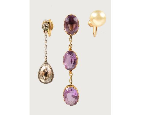 A PAIR OF AMETHYST DROP EARRINGS and TWO OTHER PAIRS OF EAR CLIPS.
