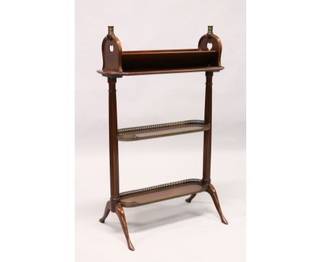 A GEORGE III DESIGN MAHGANY AND BRASS THREE TIER BOOK TROUGH, with candle sconces, on cabriole legs. 3ft 4ins high x 2ft 3ins