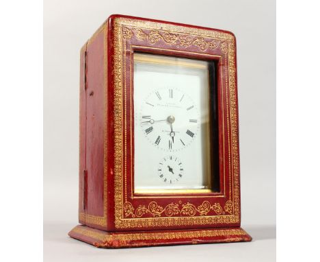 A VERY GOOD FRENCH BRASS CARRIAGE CLOCK by CHAUDE, PARIS. 5ins high, in a red leather case.
