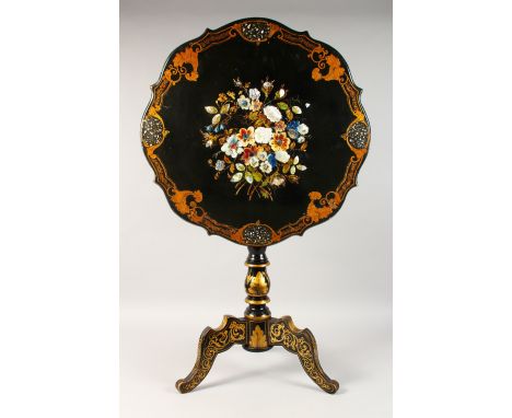 A GOOD VICTORIAN PAPIER MACHE, MOTHER-OF-PEARL AND GILDED TILT TOP TRIPOD TABLE, the centre painted with a floral spray, on a