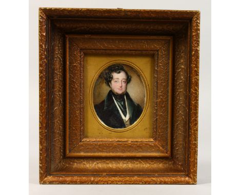 PORTRAIT HEAD AND SHOULDERS OF A VICTORIAN GENTLEMAN, in a dark coat and cravat, oval, 3ins x 2.5ins.