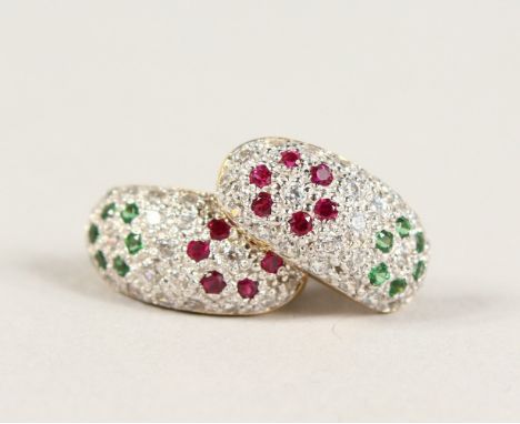 A PAIR OF WHITE GOLD, RUBY, EMERALD AND DIAMOND HOOP STYLE EARRINGS.