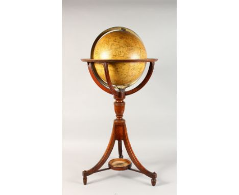 A GOOD CARYS 10-INCH NEW CELESTIAL GLOBE AND STAND, with mahogany stand, a compass in the base. 2ft 10ins high.
