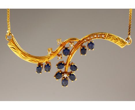 A GOOD 18K GOLD, SAPPHIRE AND DIAMOND NECKLACE.