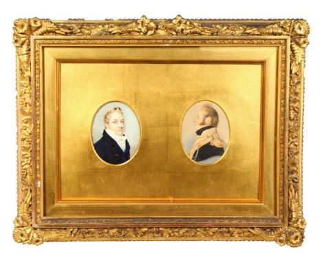 A GOOD GILT FRAMED DOUBLE PORTRAIT, of two gentlemen, one in a black coat and white cravat, the other in uniform, each 3ins x