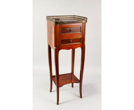 A LATE 19TH CENTURY FRENCH MAHOGANY MARBLE TOP TWO DRAWER PETIT COMMODE, the slender legs united by an under-tier. 2ft 5ins h