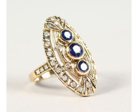 A 9CT GOLD, THREE ROUND SAPPHIRE AND DIAMOND RING.