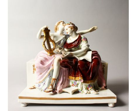 A CONTINENTAL PORCELAIN GROUP OF TWO CLASSICAL YOUNG LADIES, one holding a lyre and sitting on a marble bench. 9ins long.  (A
