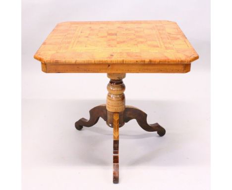 A 19TH CENTURY WALNUT TRIPOD TABLE, with chessboard inlaid top, on a tripod base. 2ft 0ins wide x 1ft 10ins high.