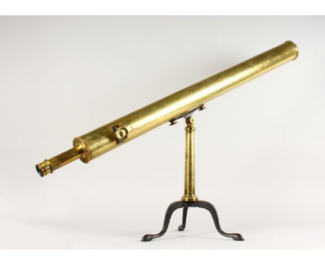 A LARGE 3-INCH BRASS TELESCOPE by AITCHISON &amp; CO OPTICIANS, 47 FLEET STREET, LONDON, with three folding tripod legs, in a