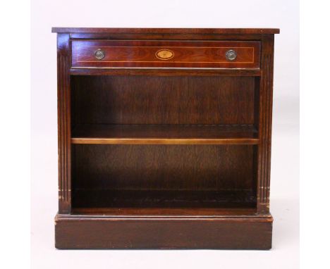 A GEORGE III STYLE MAHOGANY BOOKCASE, with a single frieze drawer, a shelf, on a plinth base. 2ft 6ins wide x 2ft 7ins high x