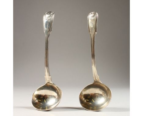 A SAUCE LADLE, with shell decorated bowl and terminal, London 1806, and a similar ladle (2). 7ins long.