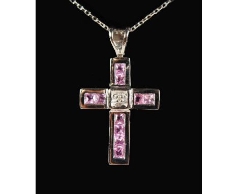 A 9CT GOLD, PINK SAPPHIRE AND DIAMOND CROSS AND CHAIN.