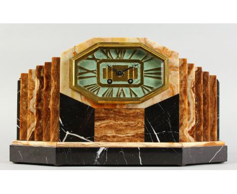 A 1920'S ART DECO MANTLE CLOCK with various coloured marbles. 16ins wide.