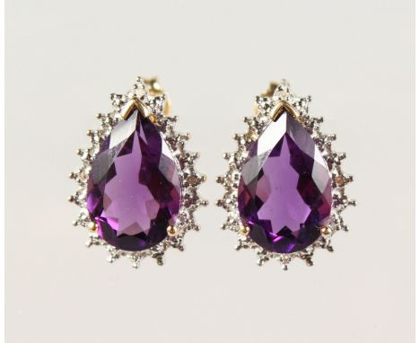 A PAIR OF 9CT GOLD, PEAR SHAPE AMETHYST AND DIAMOND EARRINGS.