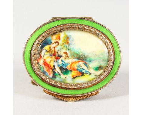 A SMALL FRENCH OVAL SNUFF BOX, the lid with a classical scene. 2ins.
