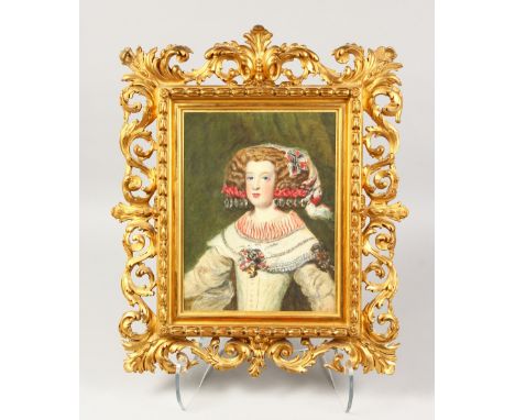 HALF-LENGTH WATERCOLOUR PORTRAIT OF A YOUNG GIRL, in a pierced ITALIAN GILTWOOD FRAME. 17ins x 14ins.