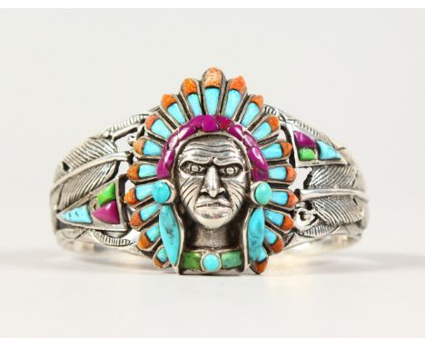 A SILVER, REAL OPAL AND ENAMEL INDIAN HEAD BRACELET.