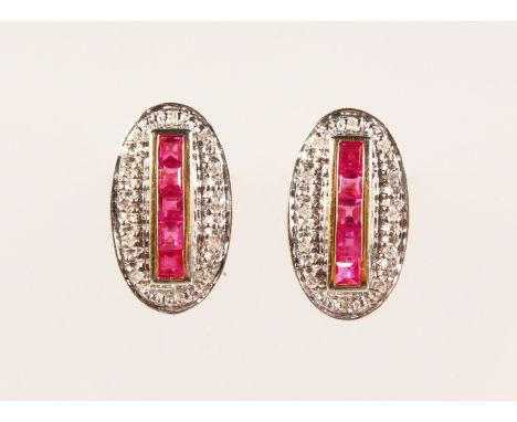 A PAIR OF 9CT GOLD, RUBY AND DIAMOND CALIBRE CUT DECO STYLE EARRINGS.