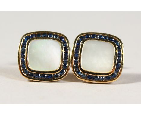 A GOOD PAIR OF 9CT GOLD, SAPPHIRE AND PEARL CUFFLINKS.