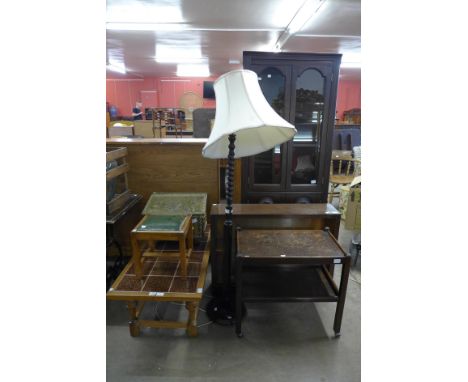 An oak freestanding corner cabinet, a standard lamp, small bookcase, etc. (4) 