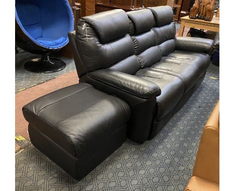 BLACK LEATHER SOFA WITH FOOT STOOL - RECLINING 