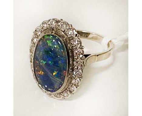 CRYSTAL OPAL RING WITH DIAMOND SURROUND &amp; FLASHES OF RED
