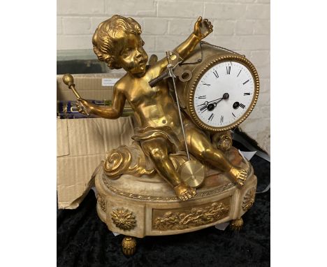 ANTIQUE ORMOLU &amp; MARBLE CHERUB WITH DRUM MANTLE CLOCK WITH KEY &amp; PENDULUM 31CMS (H) 