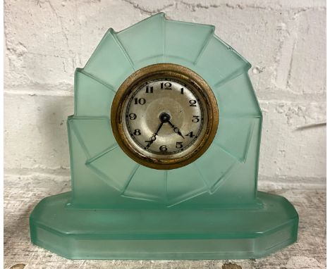 DECO MANTLE CLOCK IN OPAQUE GREEN GLASS 15CMS (H)