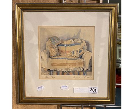 COTTAGE SOFA SIGNED PRINT BY ANNIE WILLIAMS - IMAGE SIZE 17CMS X 17CMS APPROX