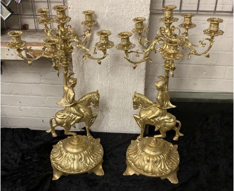 PAIR OF GILT BRONZE HORSEMAN CANDELABRA 62CMS (H)