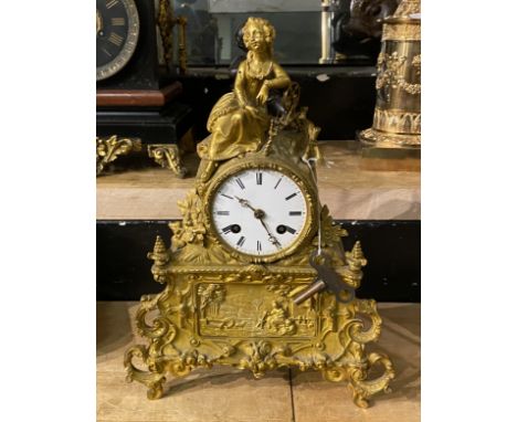 ANTIQUE ORMOLU SILK SUSPENSION MANTLE CLOCK WITH KEY &amp; PENDULUM 34CMS (H) APPROX
