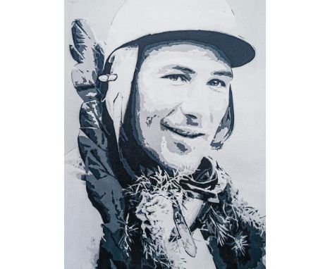 Superb stencilled portrait painting on canvas of Stirling Moss with the Laurel Wreath after yet another victory. Measures 64c