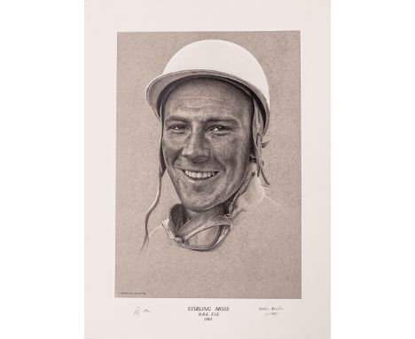 A superbly detailed pencil portrait of Sir Stirling Moss OBE by the late Robbie Elvin.Signed by Sir Stirling and the artist R