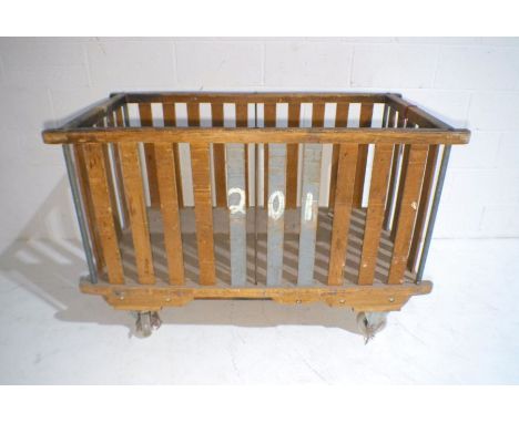 An industrial wooden slatted bobbin trolley - from Axminster Carpets, length 139cm, depth 70cm, height 93cm.