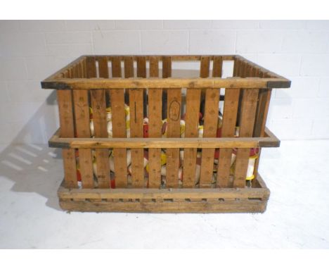 An industrial wooden slatted bobbin crate, two slats missing  - from Axminster Carpets. Bobbins not included, length 145cm, d