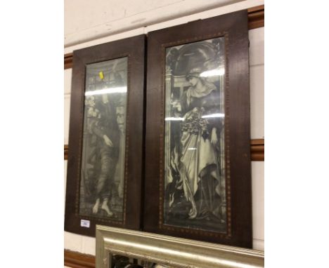 A pair of Art Nouveau black and white portrait prints contained in mahogany inlaid frames