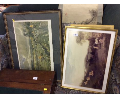 A pencil signed hunting print; two other hunting prints; and a coloured print entitled "Brood Mares"