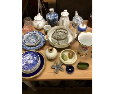 A Wedgwood "April Flowers" coffee pot and matching teapot; a Booths "British Scenery" flagon; two Copeland Spode soup bowls e