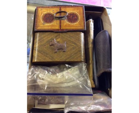 A box containing a novelty biscuit tin in the form of a tea caddy; a drawing instrument set; two fans; a bag of various keys;