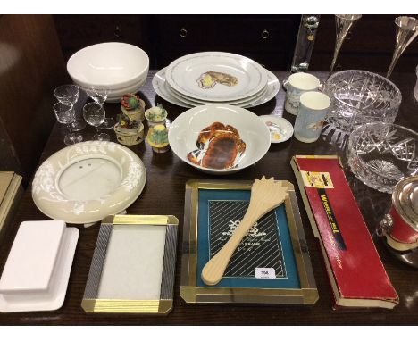 A Jersey pottery part fish serving set; two glass fruit bowls; a glass thermometer; a silver plated ice bucket; picture frame