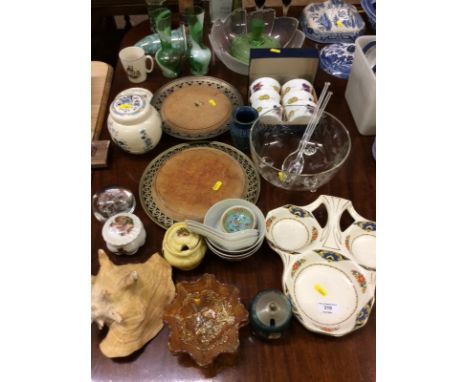 A set of six Royal Worcester ramekins; two bread boards; an hors d'oeuvres dish; a pair of coloured glass vases etc. 